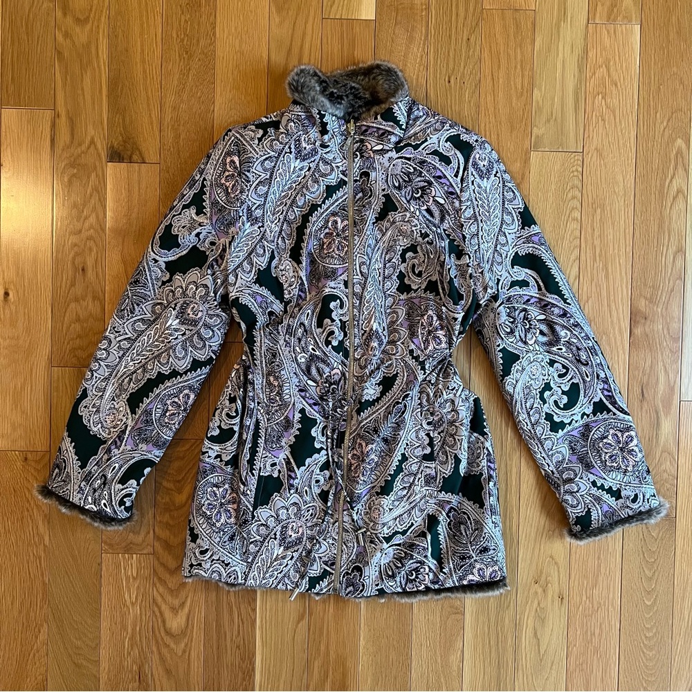 Chico's Paisley/Faux Fur Reversible Zip Up Jacket